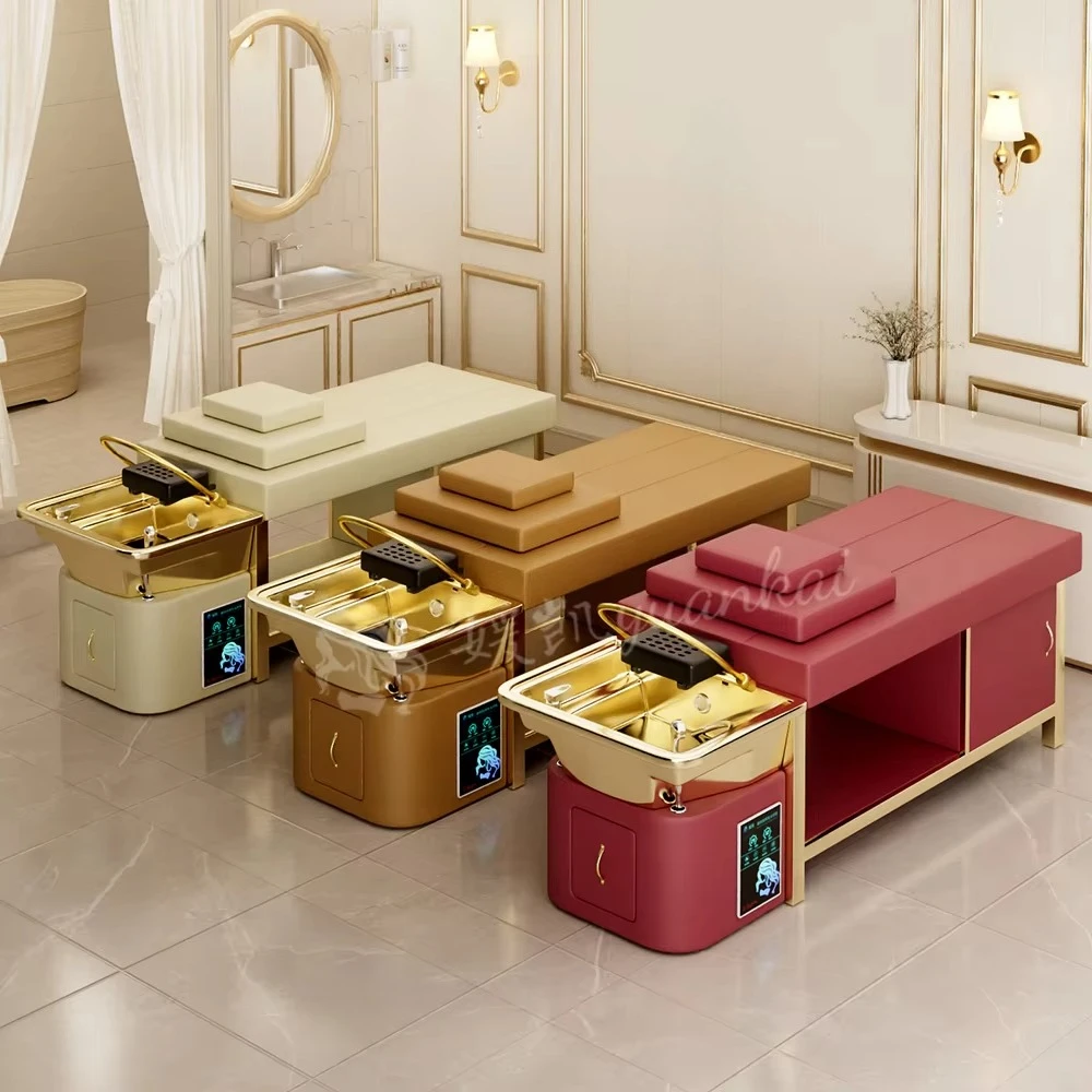 Luxury Beauty Salon Shampoo With Vaporizer, Golden Ceramic Basin, Massage Head, Treatment Bed With Locker