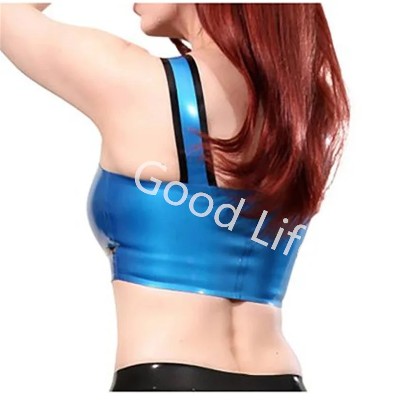 Blue And Black Stripes Sexy Latex Bras With Bows At Back Wire Free Rubber Lingerie Brassieres No Steel Ring