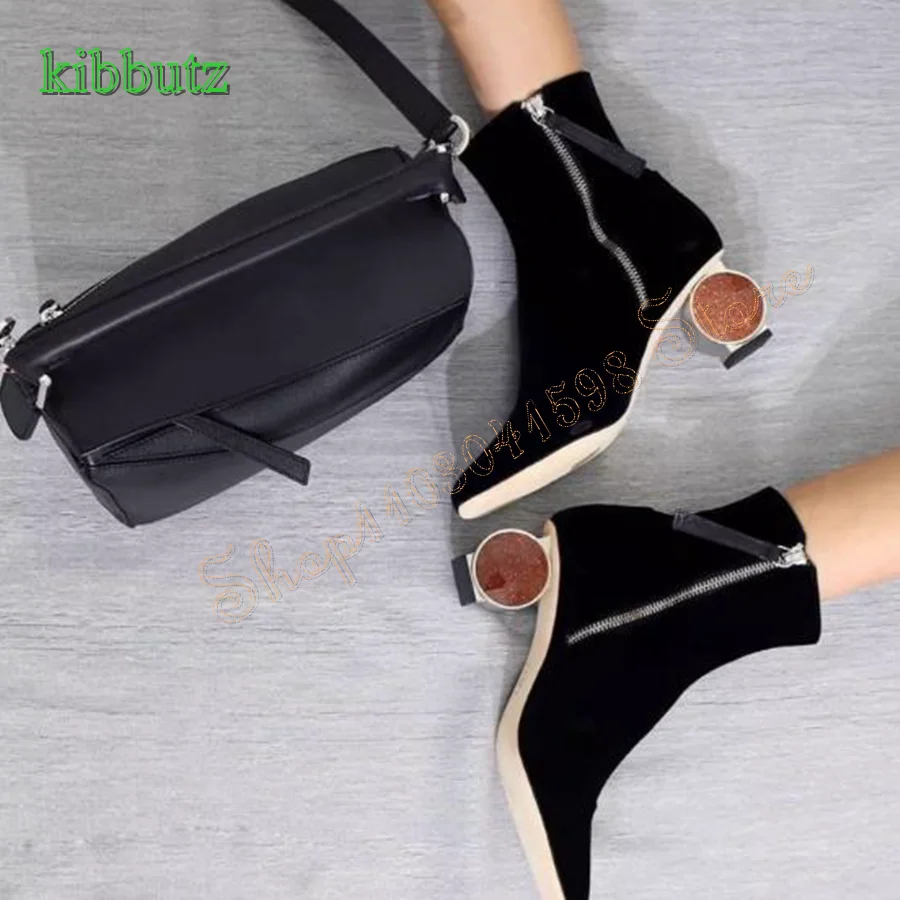 

Round Toe Suede High Heel Boots,Black Zippered Boots BlingBling Shaped Heel Women's Boots Plus Size 2024 New Zapatos Para Mujere