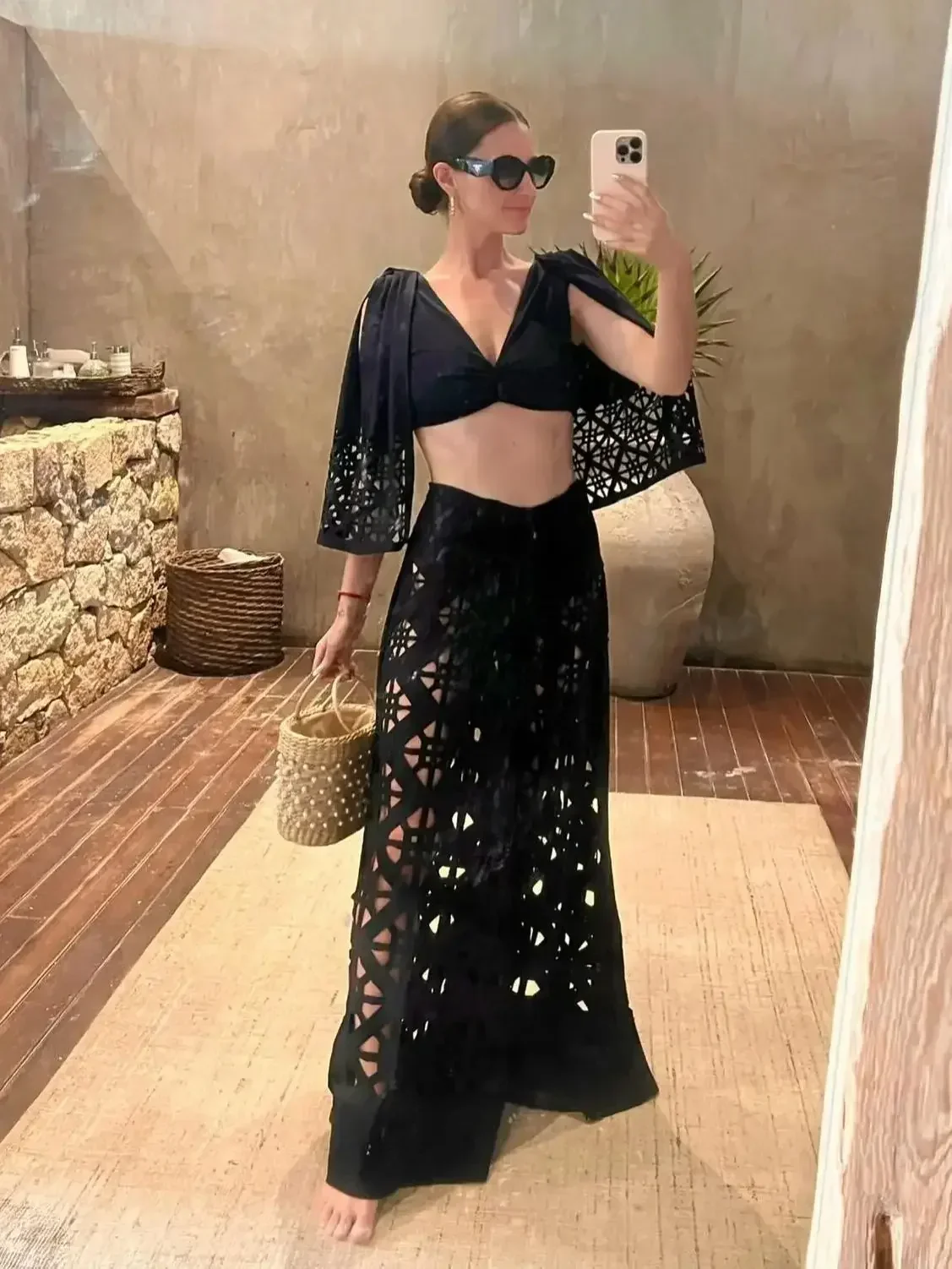 

2024 Hot Sale Women Pants Set Hollow Out Wide Leg Pants Solid Color Trousers Overalls For Ladies High Street Female Clothing