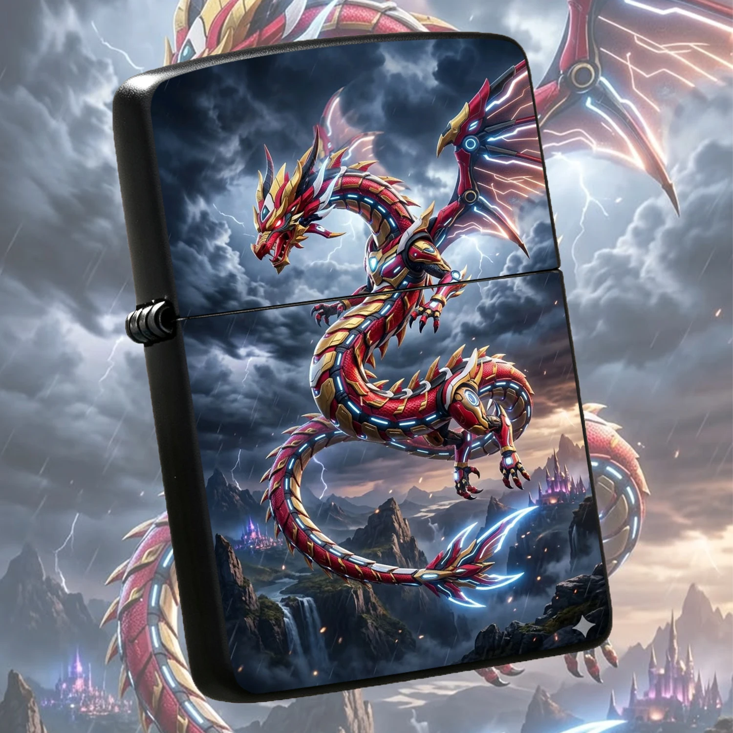 Cyber Mecha Eastern Dragon Themed Red Gold Glowing Sci-Fi Dragon Stylish Windproof Collectible Desktop Decor Ideal Gift Cool Mechanical Dragon Design Portable Igniter For Men Festival Daily Use A Fun And Humorous Lighter