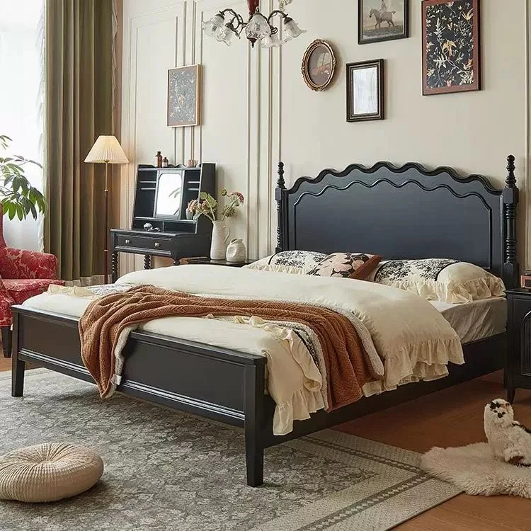 #Wave Ripples French Vintage Solid Wood Bed Frame Queen Double Antiqued American Style Variety Colors for Modern Master Bedroom