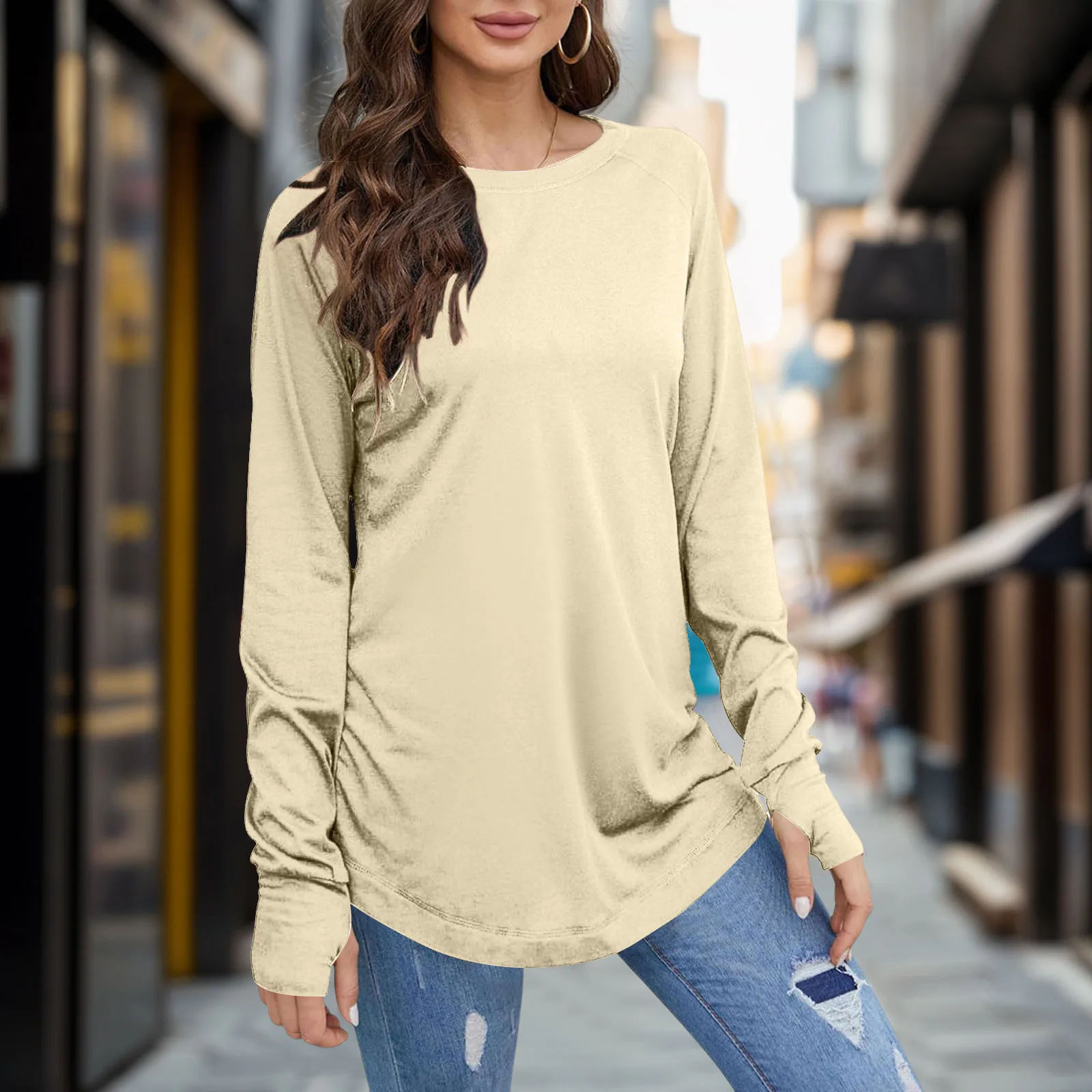 Women Pullover Shirt Long Sleeve Tops Round Neck Basic Solid Color T-Shirt Shirts Thumbhole Tunic Large Size Oversized Blouse