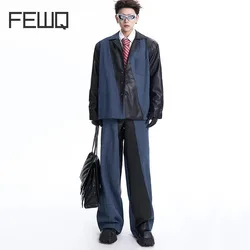 FEWQ Niche Design Men's Two-piece Pu Leather Patchwork Denim Jackets Straight Wide Leg Loose Jeans Male Fashion Sets 24E2274