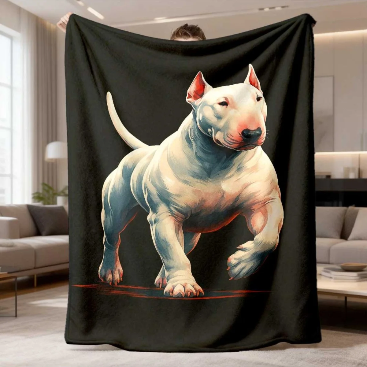 Strong Bull Terrier Pet Portrait Watercolor Animal Print Pattern Flannel Blanket Indoor Outdoor Soft Timeless Warm Home Holiday