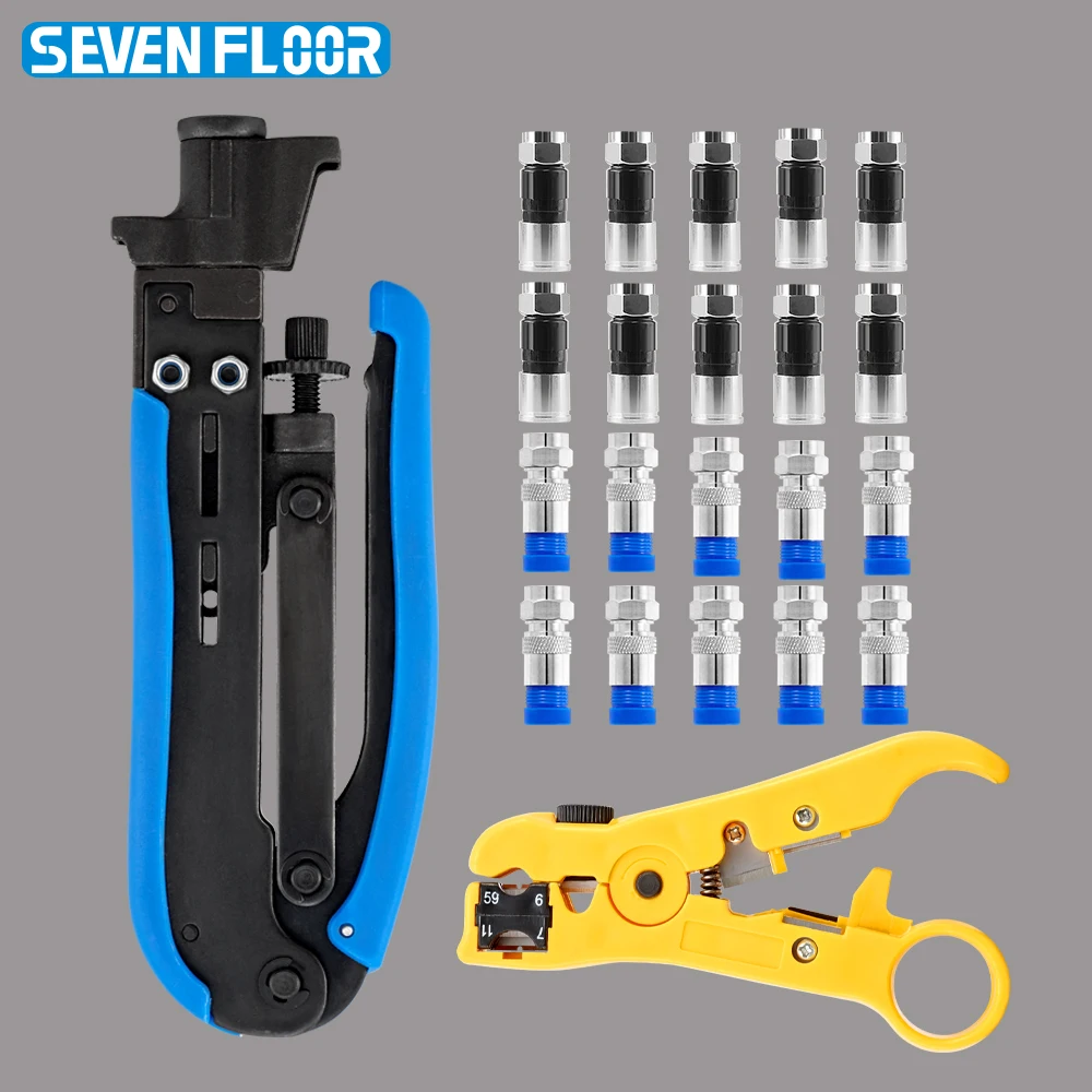 Coaxial Compression Tool Coax Cable Crimper Kit with F Style RG6 RG11 Connectors Adjustable RG59 RG11 RG6 Coaxial Cable Stripper