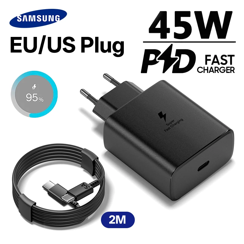 Chargeur Samsung d'origine 45W Super Fast Charge Adaptateur UE US Câble USB C pour Galaxy S24 Ultra S25 Ultra S24 S23 S22 S21 A56 A55
