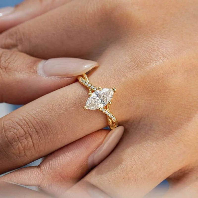 Exquisiter Ring aus 925er-Sterlingsilber mit goldenem Marquise-Zirkon für Frauen, Jubiläumsfeier, luxuriöser, hochwertiger, feiner Schmuck im Sonderangebot – Detail 3