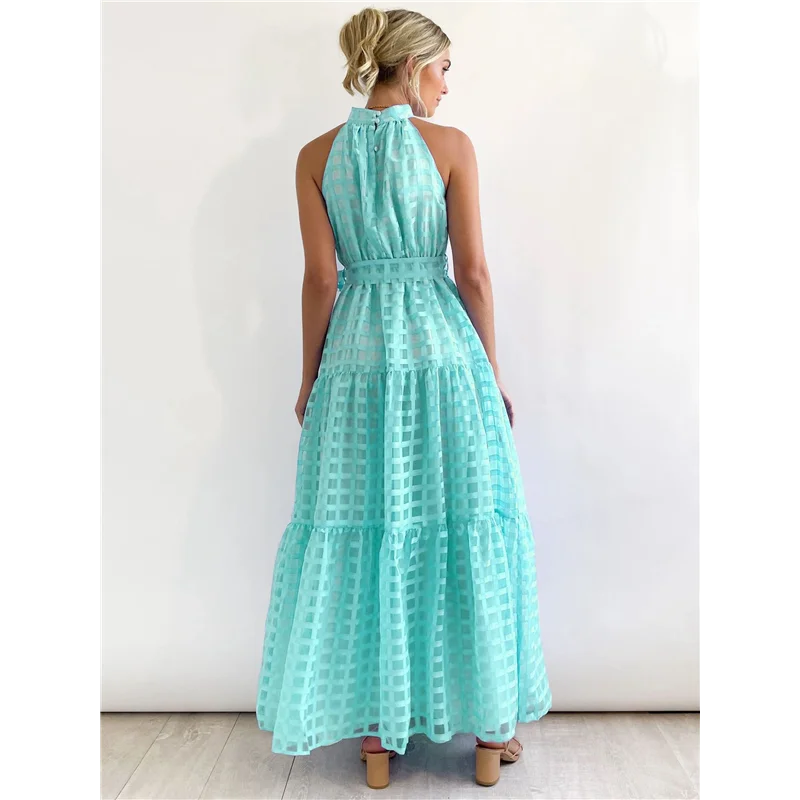 Abito estivo da donna maxi floreale da sole senza maniche con scollo all'americana e orlo fluido con volant Abiti lunghi Boho con cintura