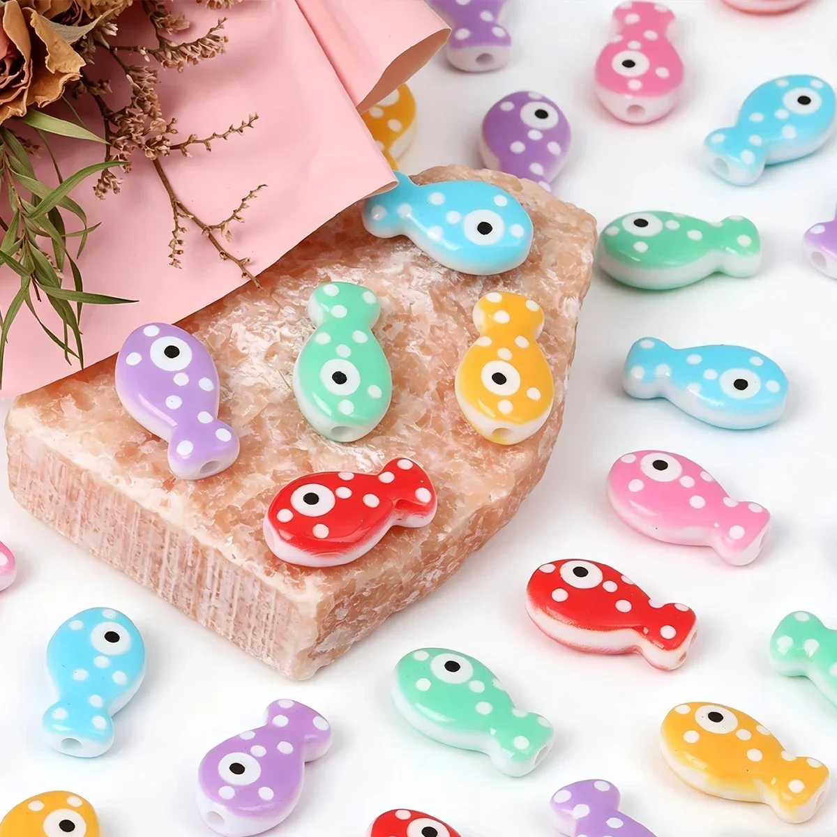 20/40pcs Random Color 19*11mm Polka Dot Fish Shaped Acrylic Loose Beads DIY Bracelet Pen Handmade Craft Supplies