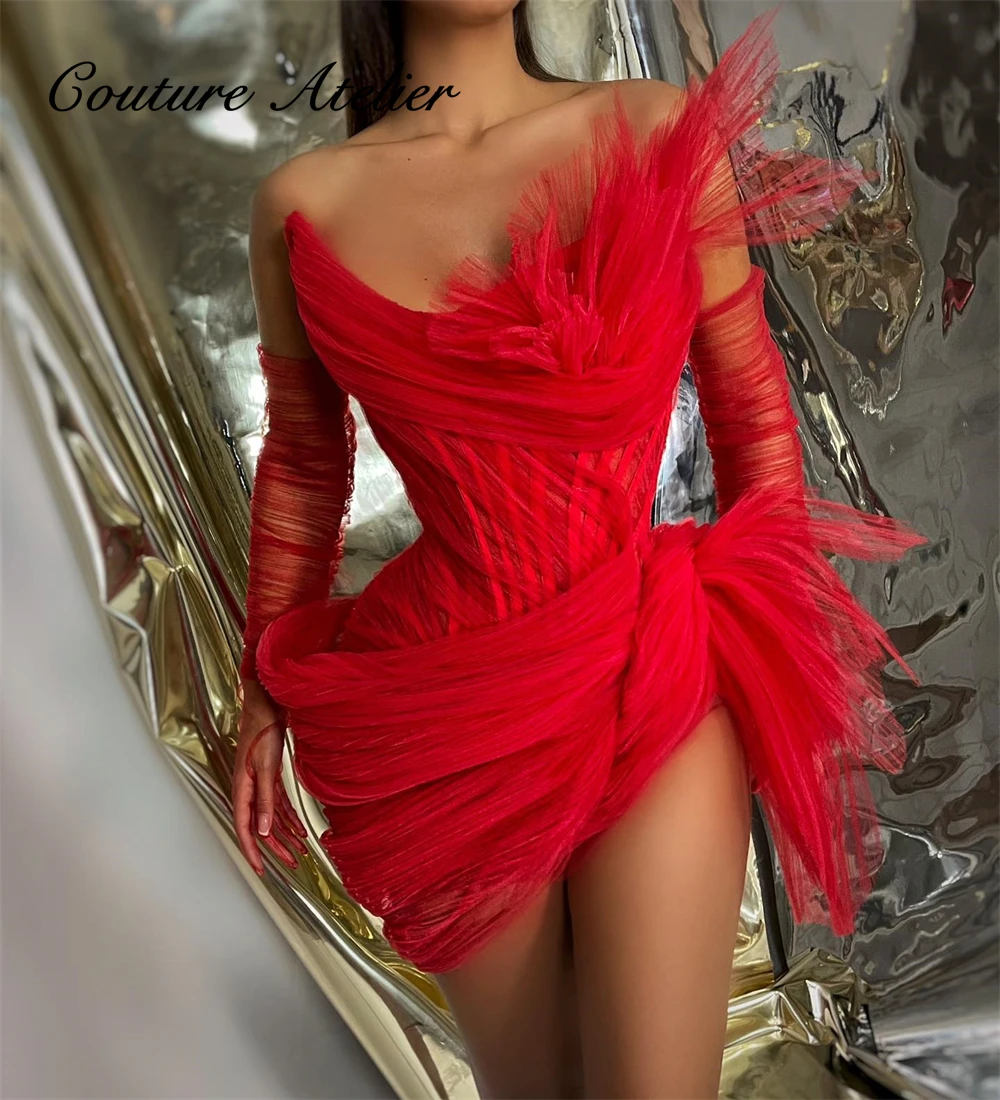 Red Lace Up Prom Dresses With Gloves Mermaid Tulle Homecoming Gowns African Birthday Party Gown Strapless Middle East Customized