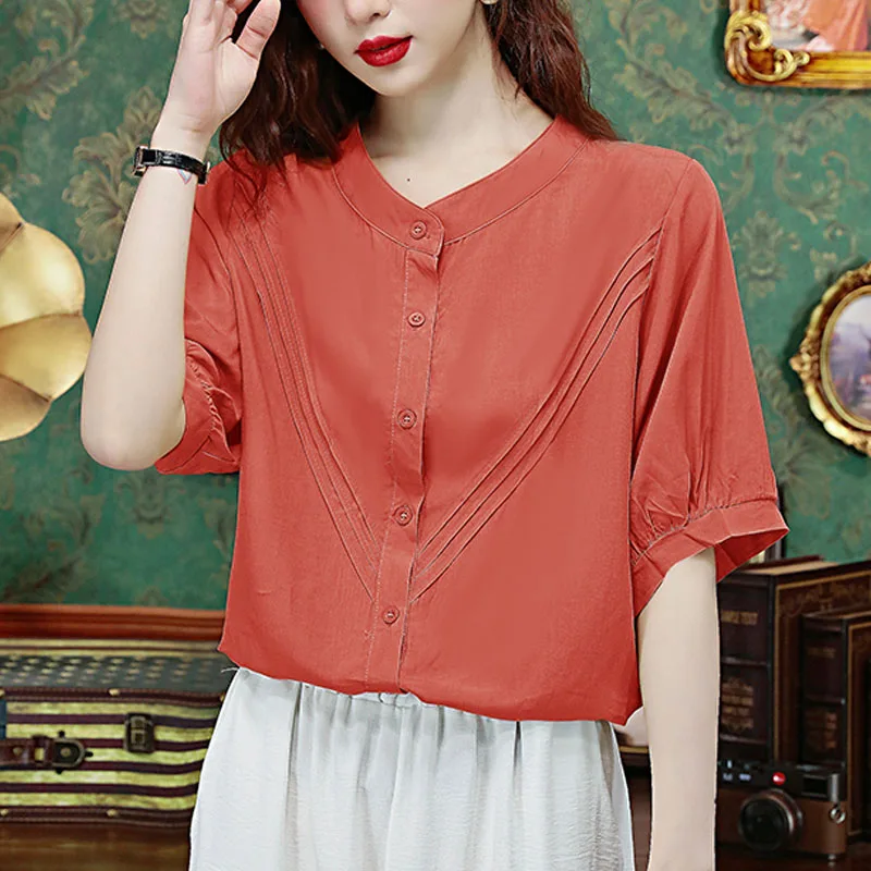 

Women's 2024 New Summer Solid Color Crew Neck Button Spliced Fashion Versatile Slim Cotton and Linen Short Sleeve Shirt Tops