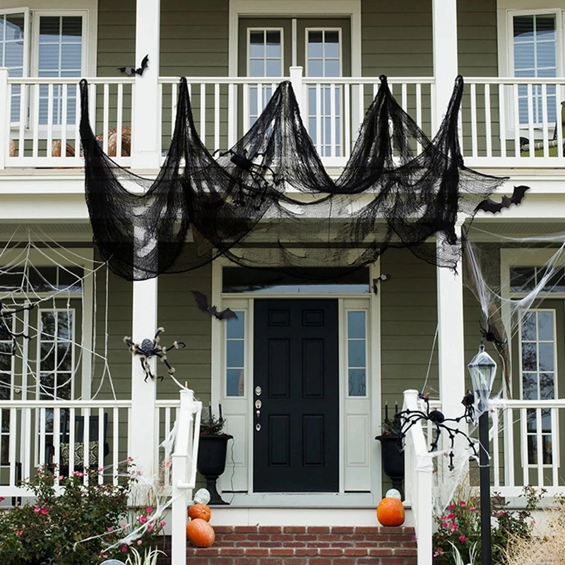 Halloween Decoration Creepy Cloth Black Gauze for Window Table Door Net Tattered Cloths Grid Halloween Haunted Gauze Party Decor