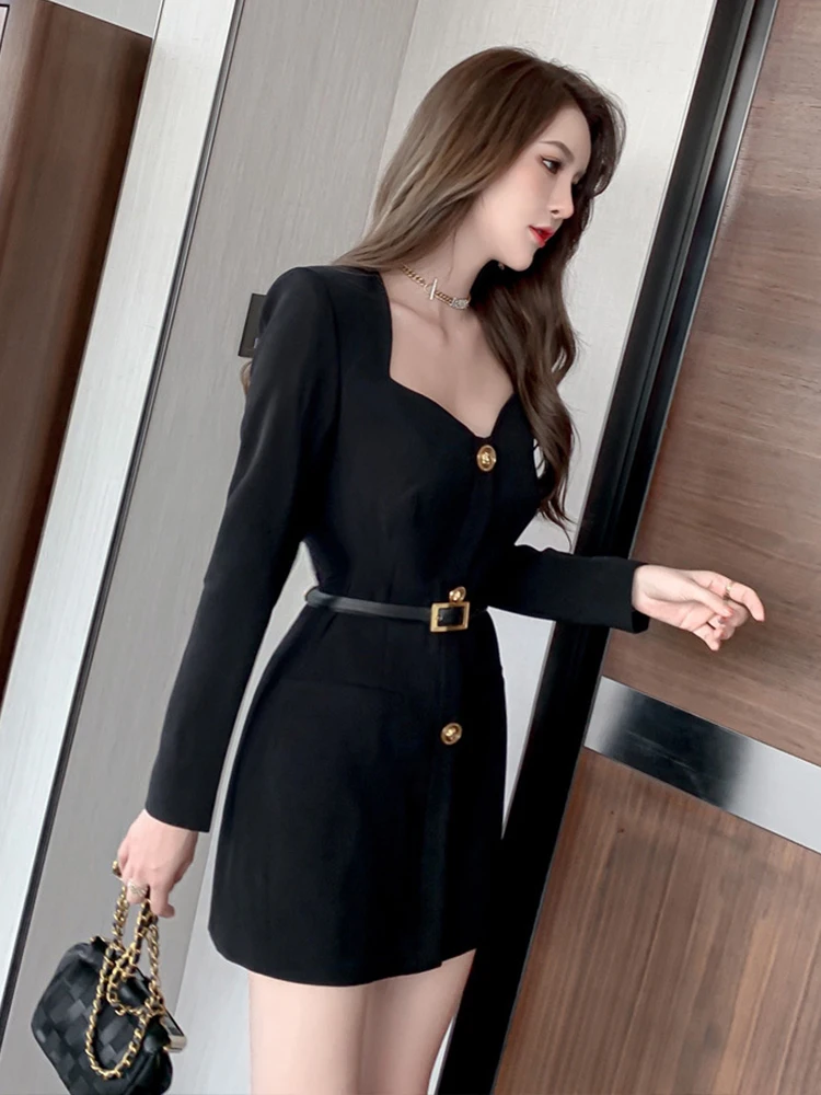 2023 Spring Women Mini Dress Elegant Classic Sexy Black Long Sleeve Metal Button Belt Single Breasted Slim Outfit Vestidos Mujer