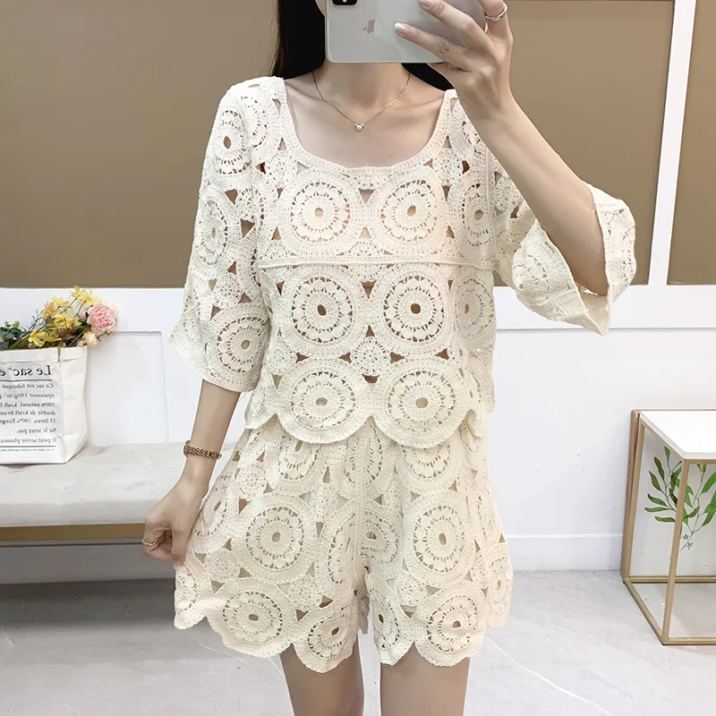 Bohemian Style Sea Edge Fake Two-Piece Suit Women'S Summer Thin Loose Knitted Short-Sleeved Shirt Crocheted Hollow Pants