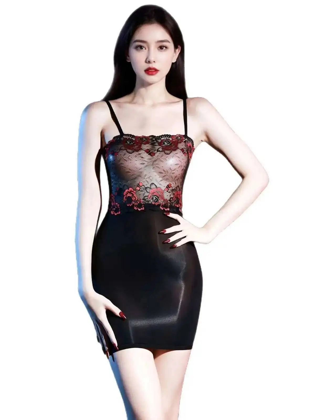 ลูกไม้Patchwork Strapless Bodycon Nightdressเซ็กซี่Ultra-บางGlossy SilkyกระจกSheerแม่เลี้ยงชุดสําหรับผู้หญิง 8PWH
