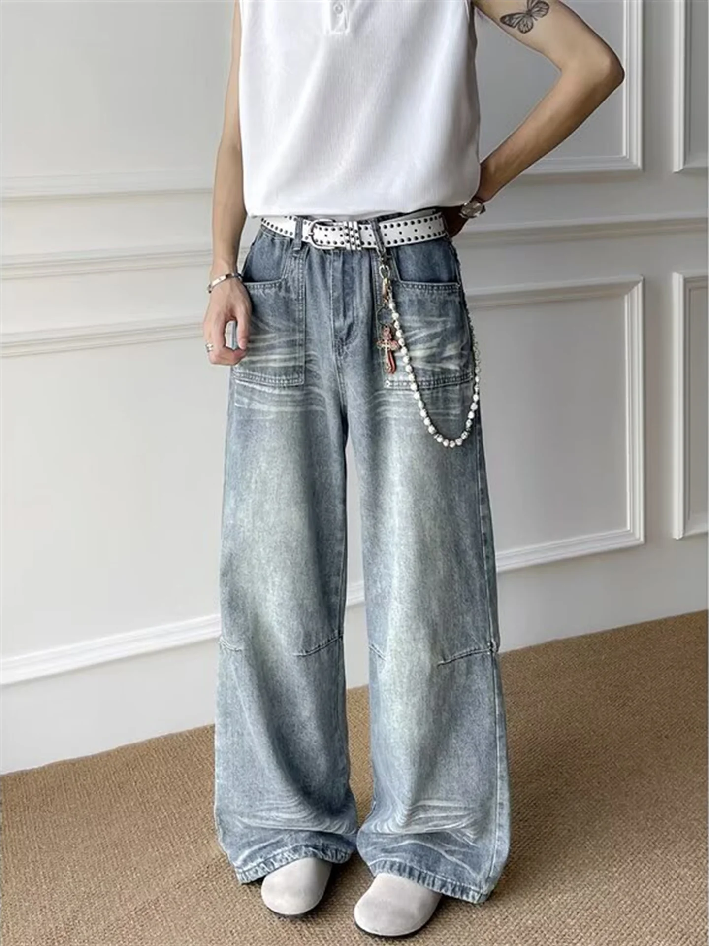 

Waed American Sle Men's Jeans Wide Leg Vintage Loose Fit Casual Straight Cut Trousers Trendy High Street Vibe Wind