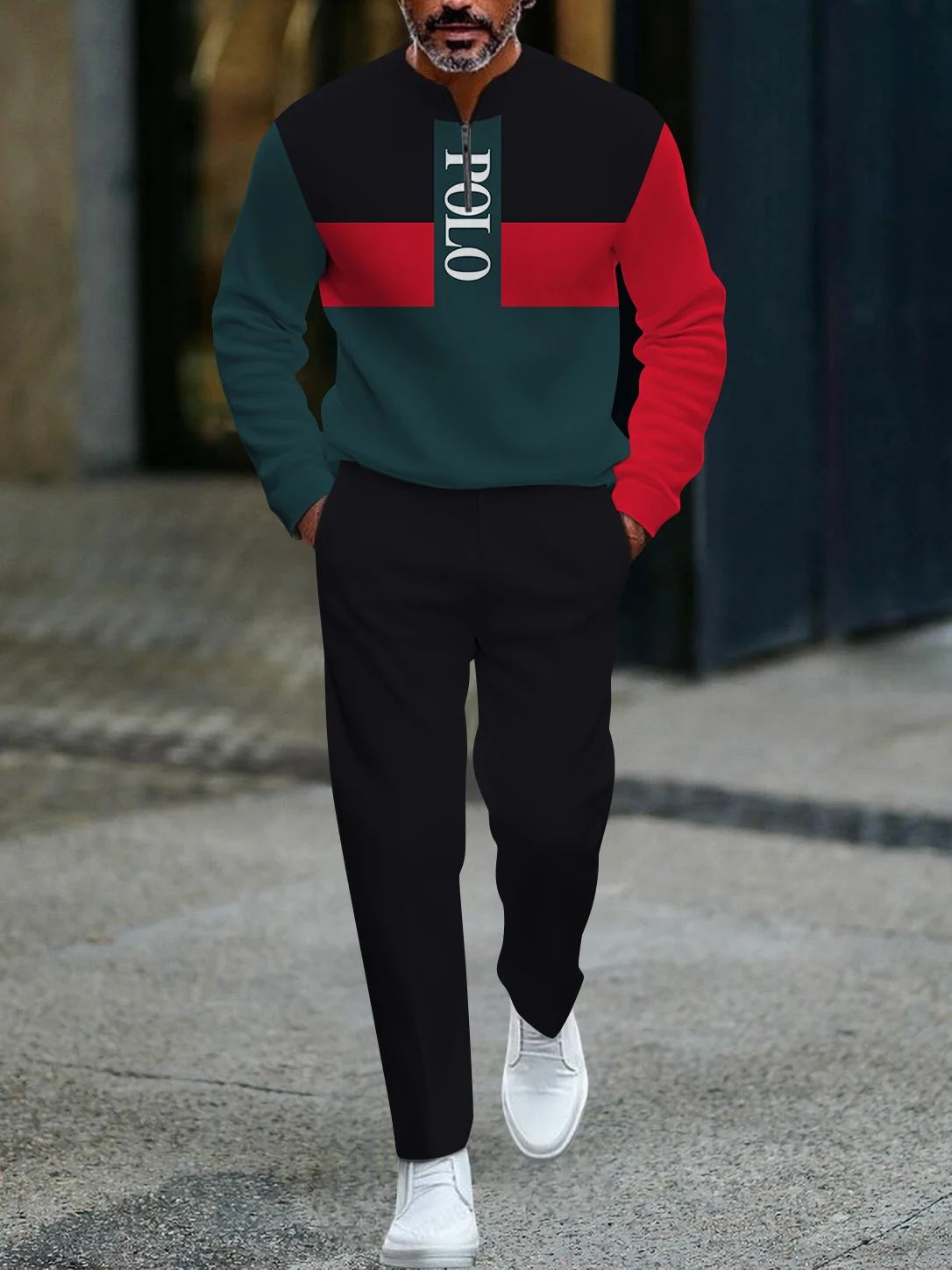 2025 Spring and Autumn New 3D Printing Fashion Casual Men's Half-Placket Zipper Long Sleeve Pants Sports Suit