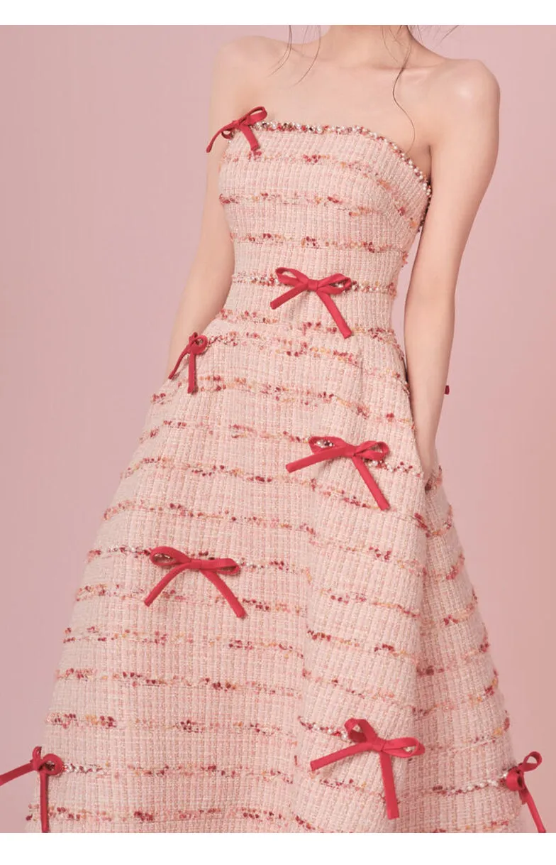 Roze strik toastjurk verlovingsbruiloft slim fit jurk verjaardagsfeestje gastheer coming-of-age ceremonie strapless jurk