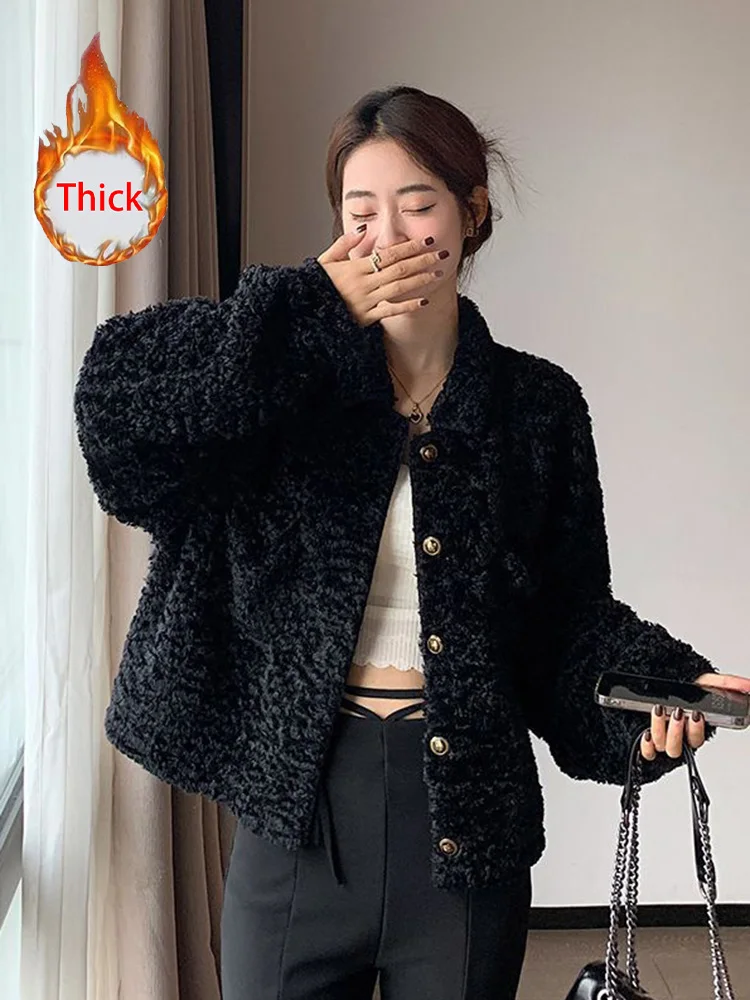 

Black Faux Lamb Coat Women Vintage Stand Collar Streetwear Y2K Jacket Casual Korean Winter Warm Long Sleeve Retro Tops Outwear