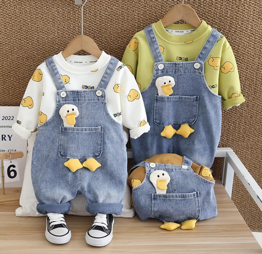 Completi firmati per neonato vestiti per bambini primavera autunno Cartoon Duck t-shirt a maniche lunghe + salopette in Denim set di tute per bambini