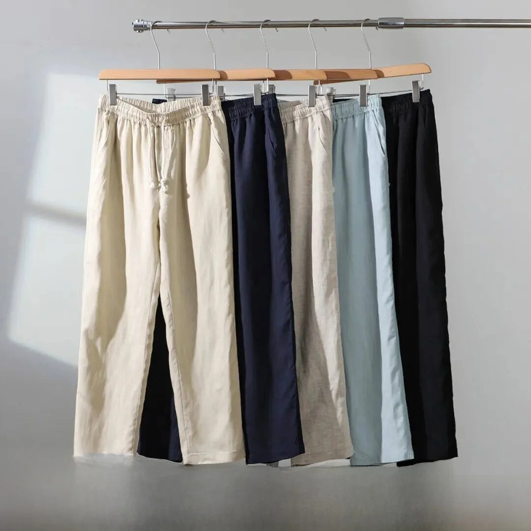 

Comfortable Breathable Men's Casual Straight Leg Elastic Waist Loose Fit Linen Pants Mixed Fibers Quick Drying Spring Summer