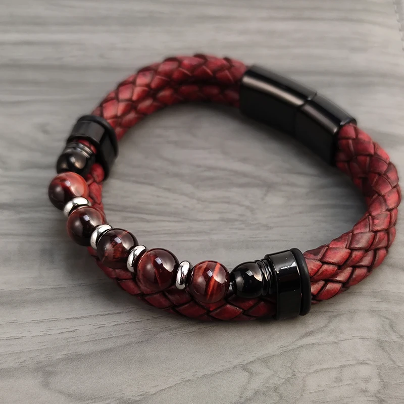 High Quality Multi Layer Braided Rope Leather Bracelet Stainless Steel Men Bangles for Red Natural Stone Charm Women Jewelry