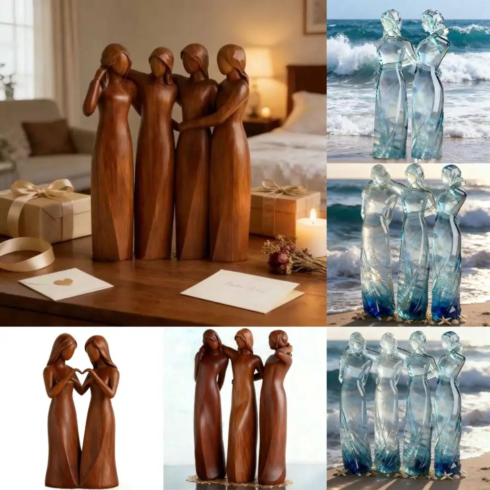 Imitation Wood-carved Three Sisters Figurine Two/Three/Four Sisters Ocean-Blue Gradient Friendship Sculpture Resin Hand-painted