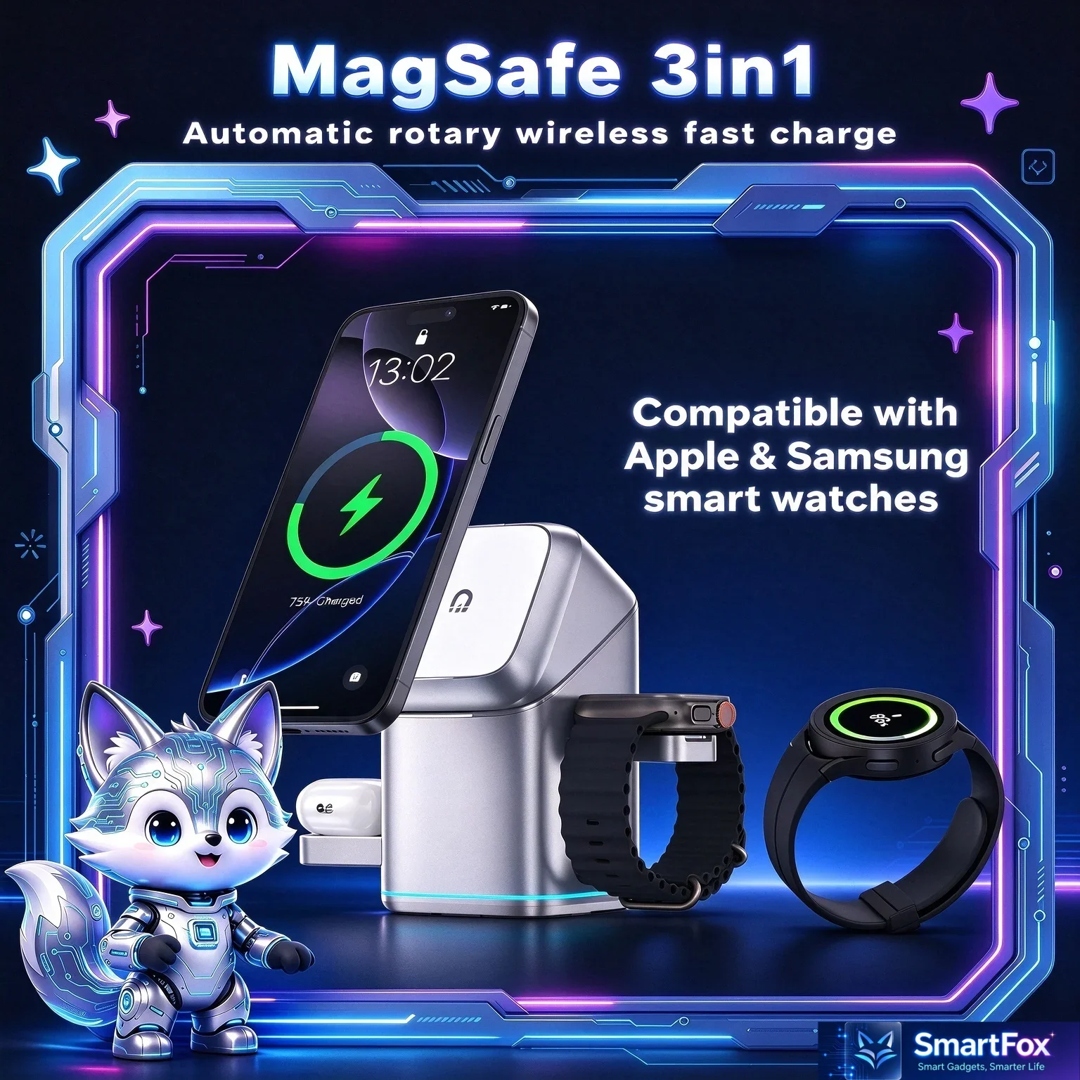 Qi2 3 in 1 MagSafe Magnetic Wireless Charger, Charging Dock Station, Fast Charging Stand For iPhone Samsung Smart Watch Earbuds
