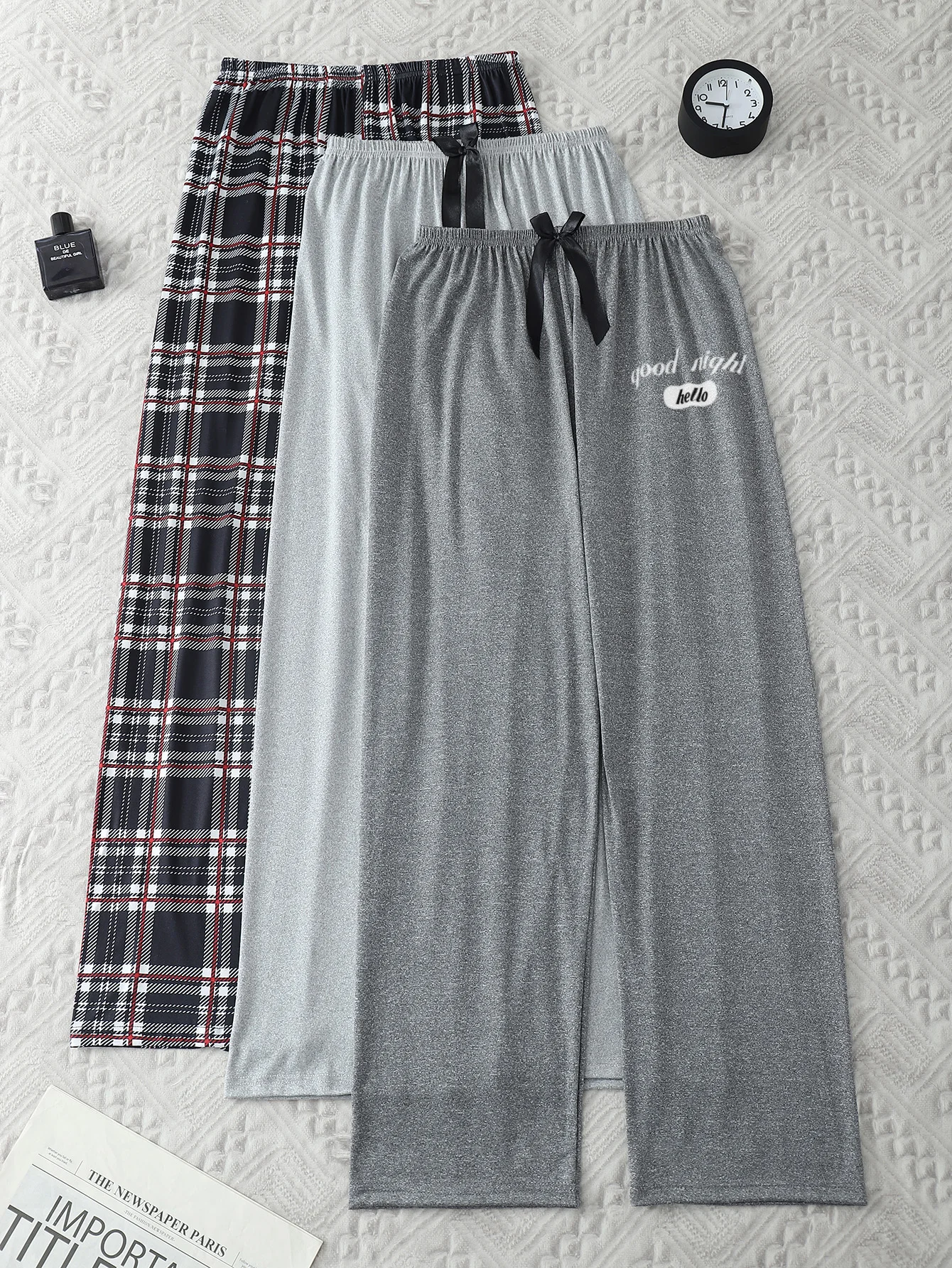 

3 шт., женские пижамные штаны общего назначения на четыре сезона, темно-серые брюки, светло-серые брюки, клетчатые брюки