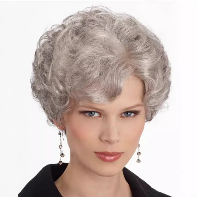 

Silver white synthetic wig for middle-aged and elderly ladies, short curly hair, Mother's Day gift, suitable for daily wear