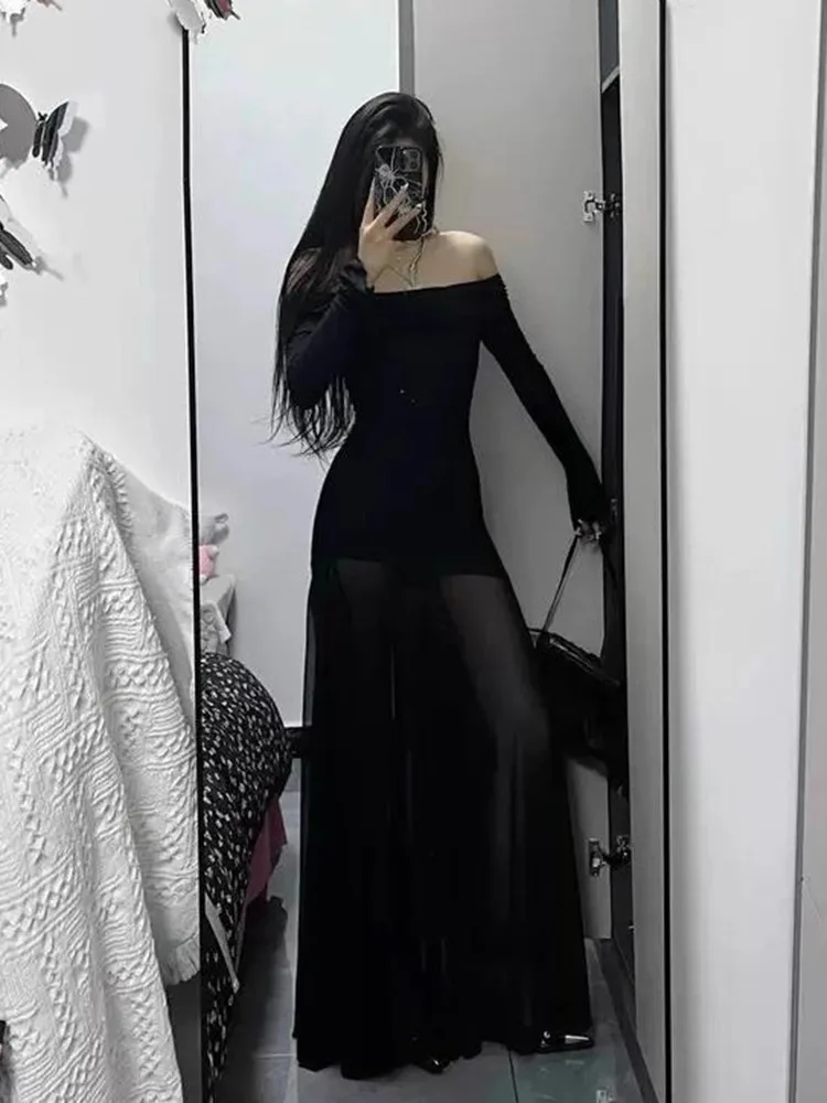 Vestidos de manga comprida das mulheres vestido topos para mulher primavera chiffon cauda manga comprida artístico fora do ombro emendado em camadas y2k