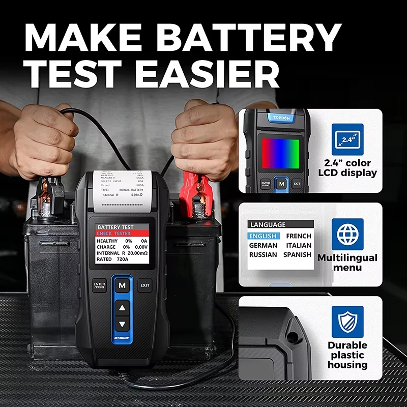 12V Digital Battery Tester with Printer – Automotive Battery Analyzer for Charging & Cranking Tests, 100–2000 CCA 5