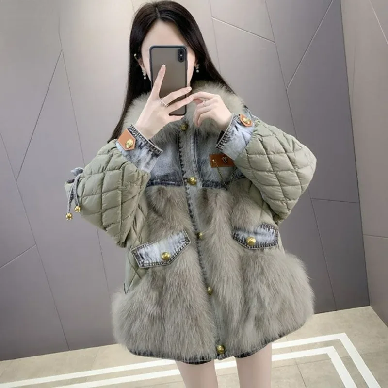 

2023 New Women Down Cotton Coat Winter Cowboy Jacket Female Short Fashion Parkas Loose Thick Warm Outwear Fur Collar Overcoat