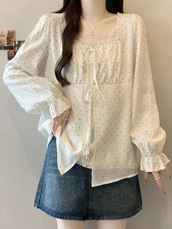 

plus Size Women's Sweet Polka Dot Long Sve irt Square Collar Lace Trim Splice Top Korean Sle Spring Summer Slimming