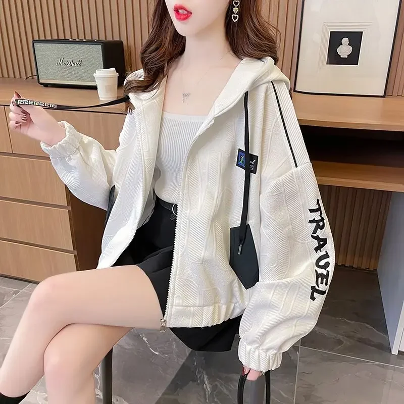 Women's Hooded Sweatshirts Full Zip Up Hoodies Spring and Autumn Korean Female Top With Zipper Designer Cheap On Promotion E Emo