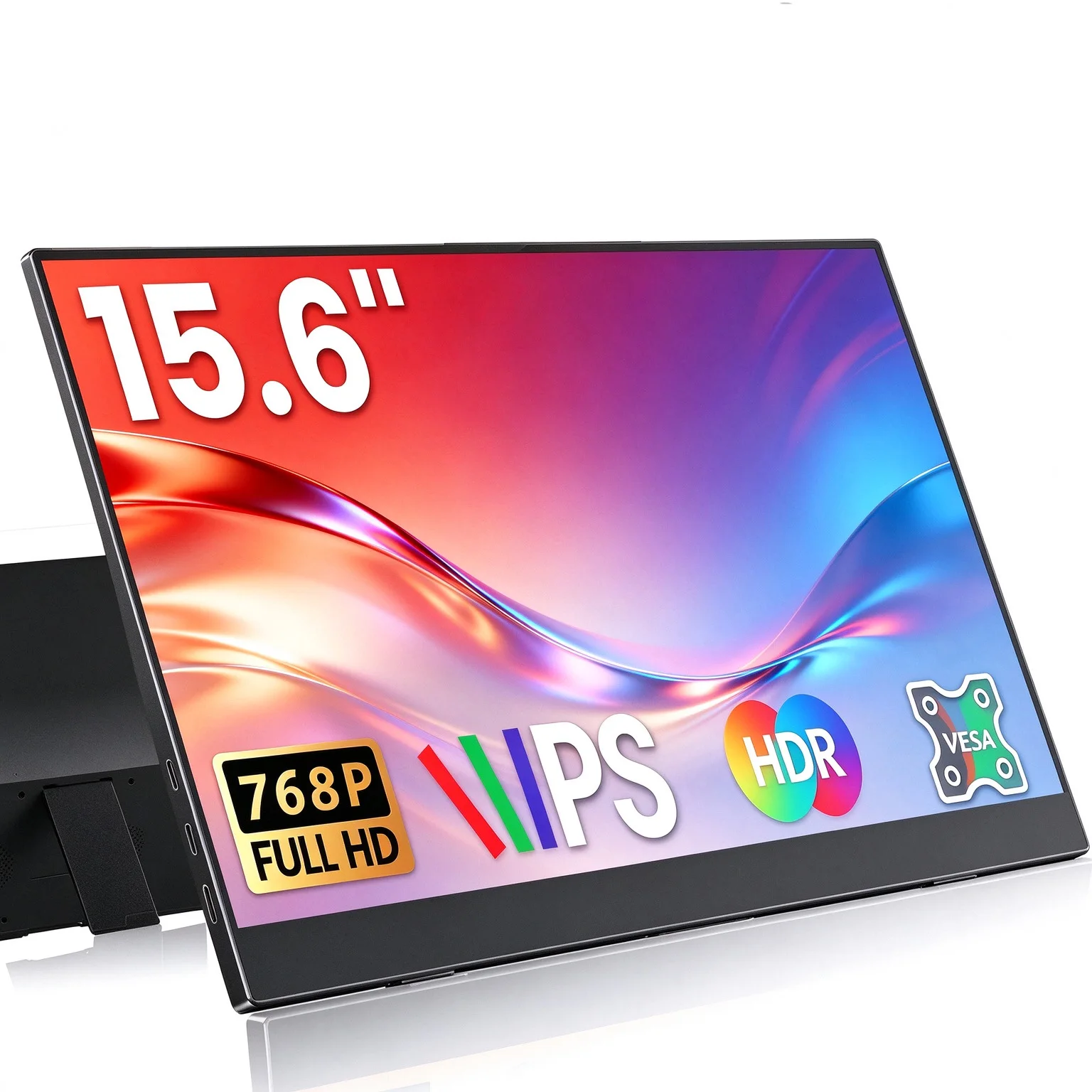 15.6 Inch External Portable HD Monitor 1366*768 IPS 72%sRGB 16:9 Attached Built-in Stand Lightweight Slim Screen for Work and