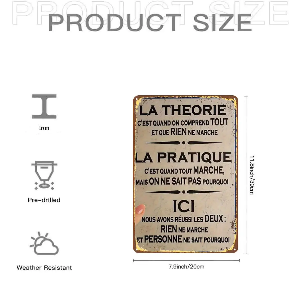 2D Flat, 1pc, Funny Vintage French Theory Practice Signmetal Iron Sign, Pre-Drilled Holes, Suitable for Indoor, Garden, Outdoor,