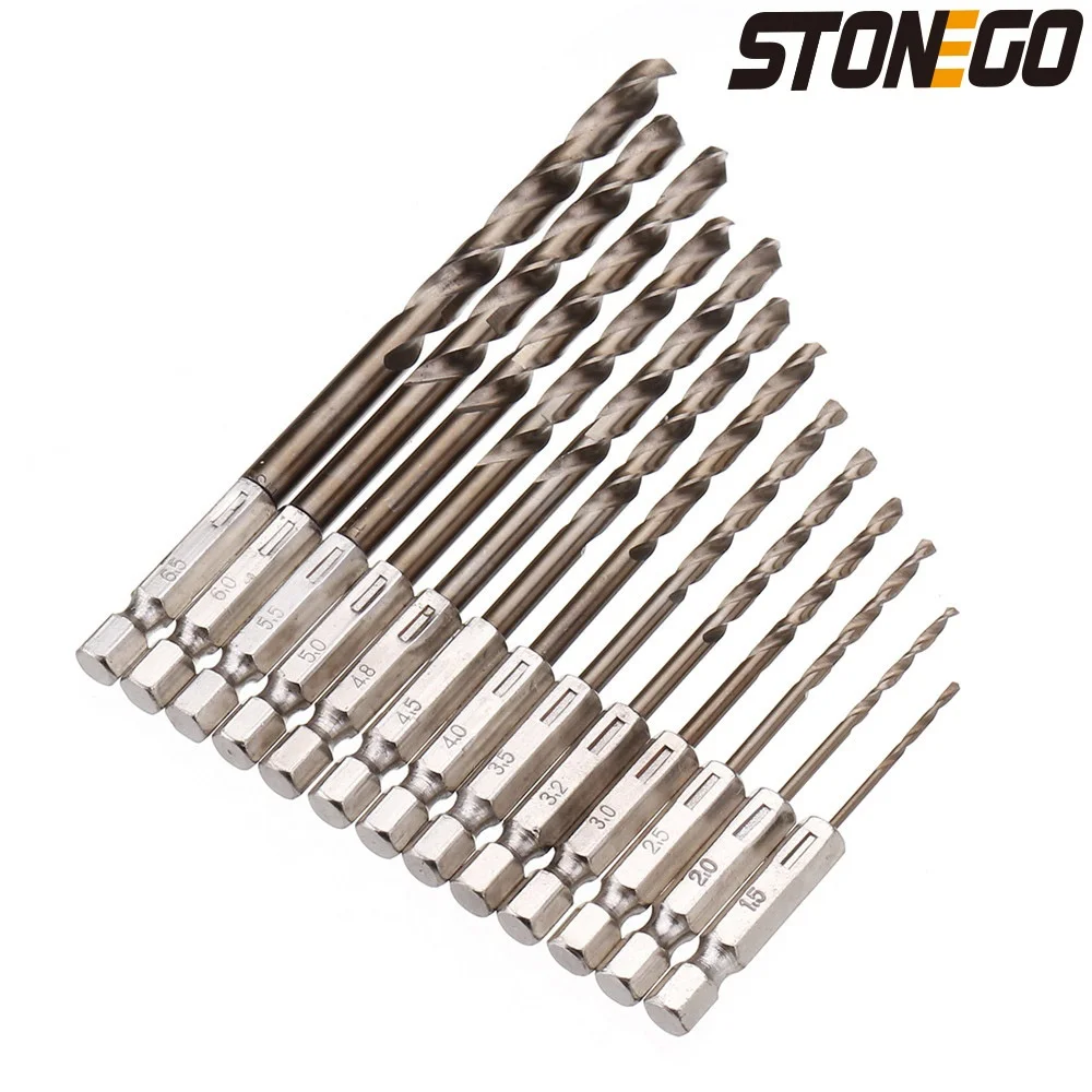 STONEGO 13PCS 1.5-6.5mm HSS 6542 Cobalt Drill Bit HSS-Co Twist Drill Bit Set 1/4 Inch Hex Shank