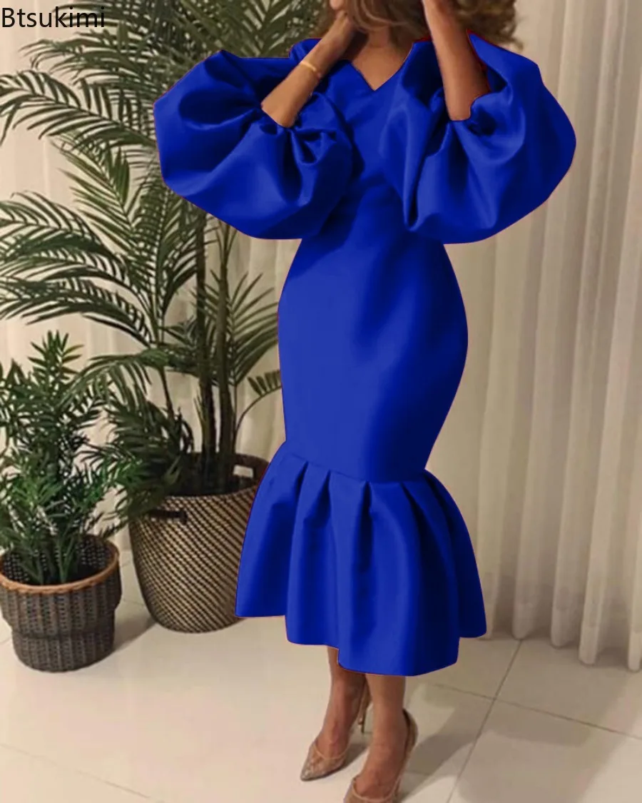 New2025 Afrikanische frauen Mode Einfarbig V-ausschnitt Blase Langarm Fischschwanz Kleid V Kragen Bodycon Sexy Elegante Abendkleid