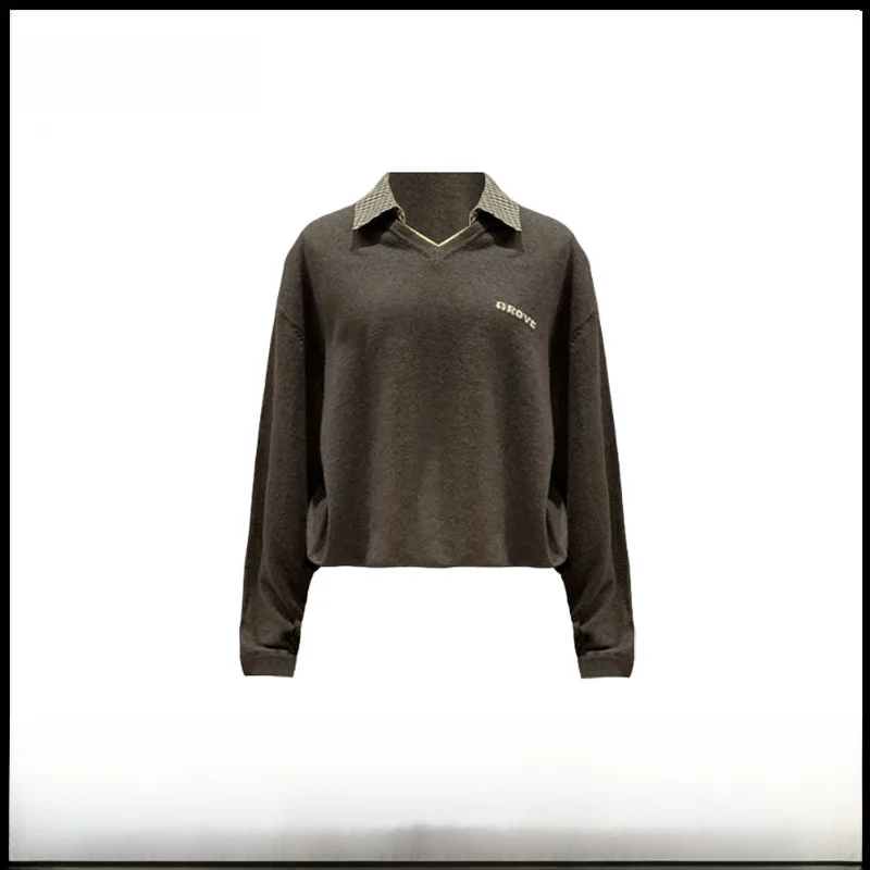 

Choi SeungYeon Preorder e Knitted Sweater College Sle Fake Two-Piece Long Sve Collar Loose Fit Women's Top