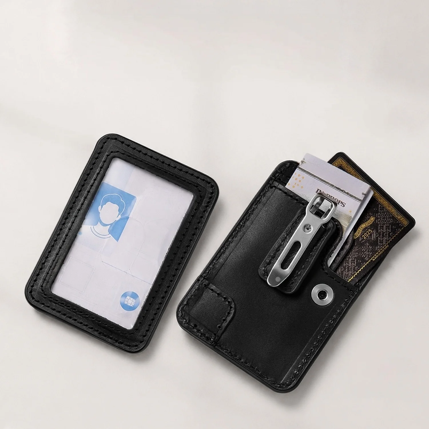 ID Badge Holder with Clear Window, Detachable Metal Clip, 2 Card Slots and Leather Lanyard, Vertical ID Card Holder