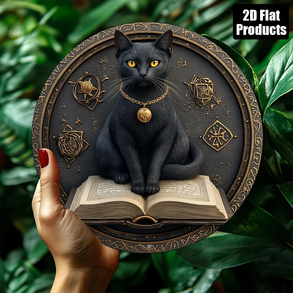 2D Flat – 1 Stück Vintage Black Cat Aluminium-Wandkunst, 20,3 x 20,3 cm großes rundes Metallschild mit mystischen Symbolen – ideal für Zuhause, Büro, Bar
