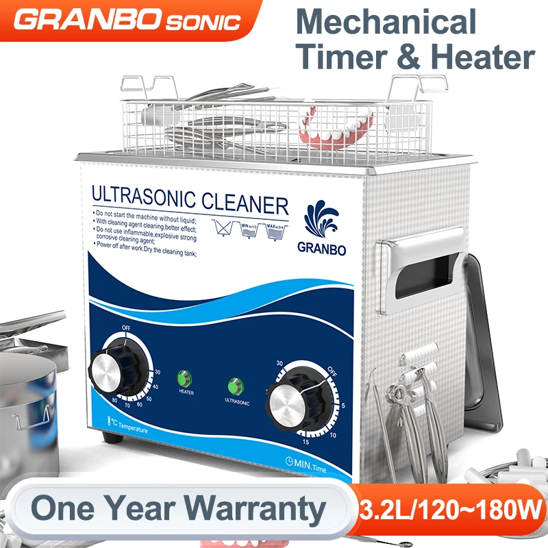 Granbo Mechanical Heater Timer 3.2L 180W 40KHz Ultrasonic Cleaner for Dental 3D Models PCB Spark Plug Bicycle Chains