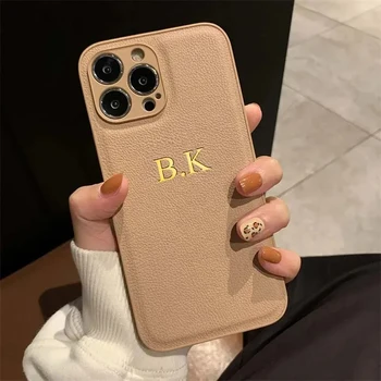 Luxury Personalised Case For iPhone 16 15 14 13 12 11 Pro Max Customized Name initials Letter Leather Cover 7 8 plus XR XS max