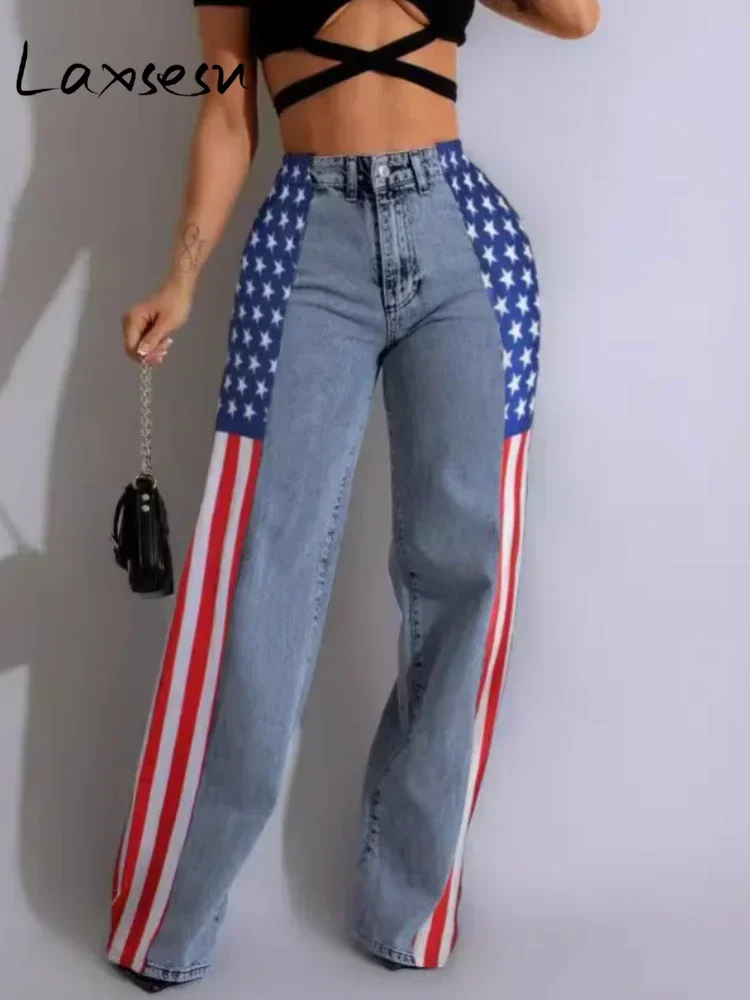 Laxsesu American Flag Print Women Baggy Jeans Streetwear y2k Long Straight Trousers High Waisted Elastic Wide Leg Denim Pants