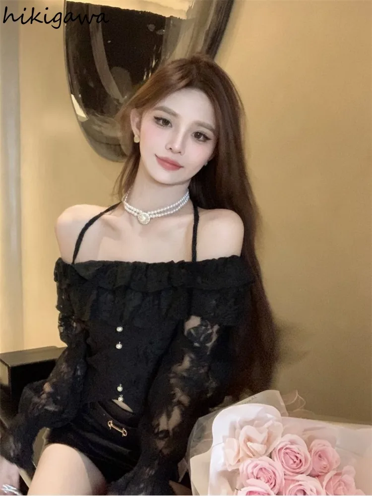 2024 Camisas De Mujer Lace Slash Neck Summer Blouse Women\'s Clothing Flare Sleeve Tunic Hollow Out Shirts Korean Sweet Crop Tops