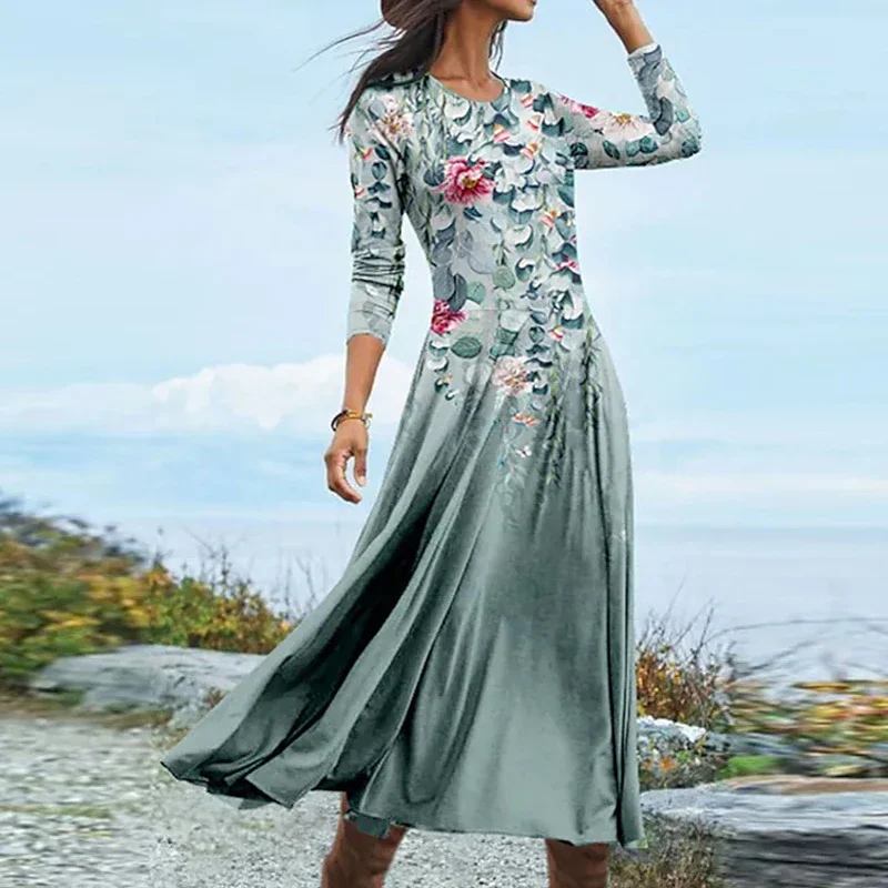 Elegant Bohemian Beach Dress Vintage Floral Print Pleated A-line Dress Casual Chic Long Sleeve Round Neck Women Party Long Dress