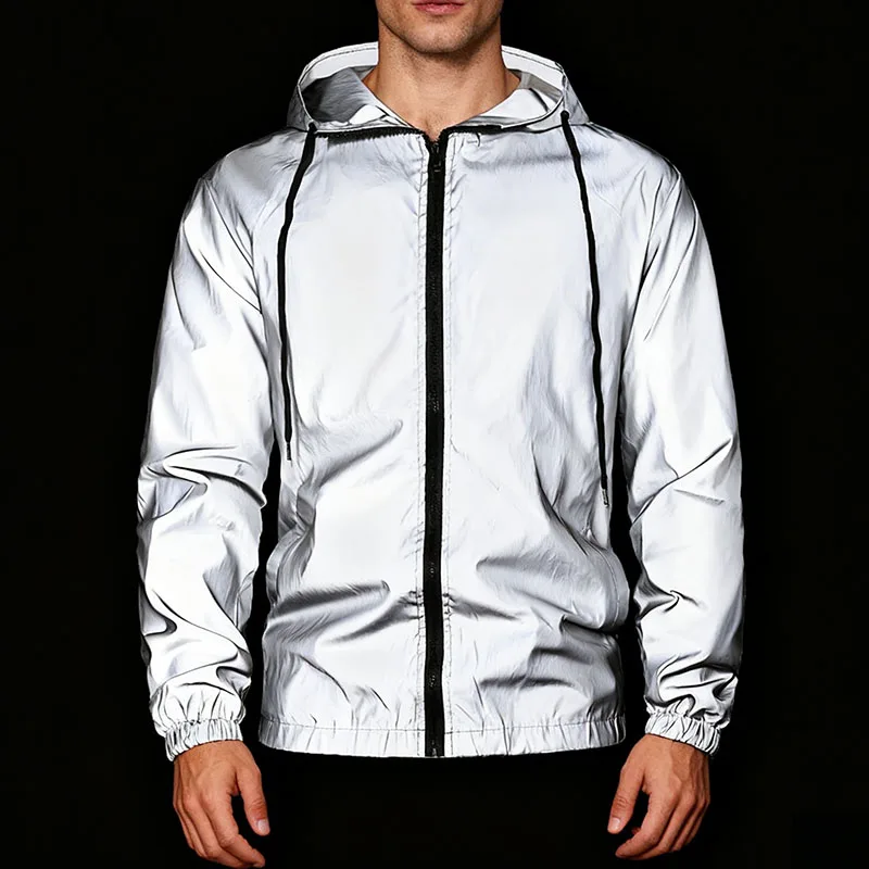 Men's Loose New Style Reflective Hooded Jacket Night Cycling Running Sports Outdoor Windproof Fashion Hip-hop Streetwear Coats