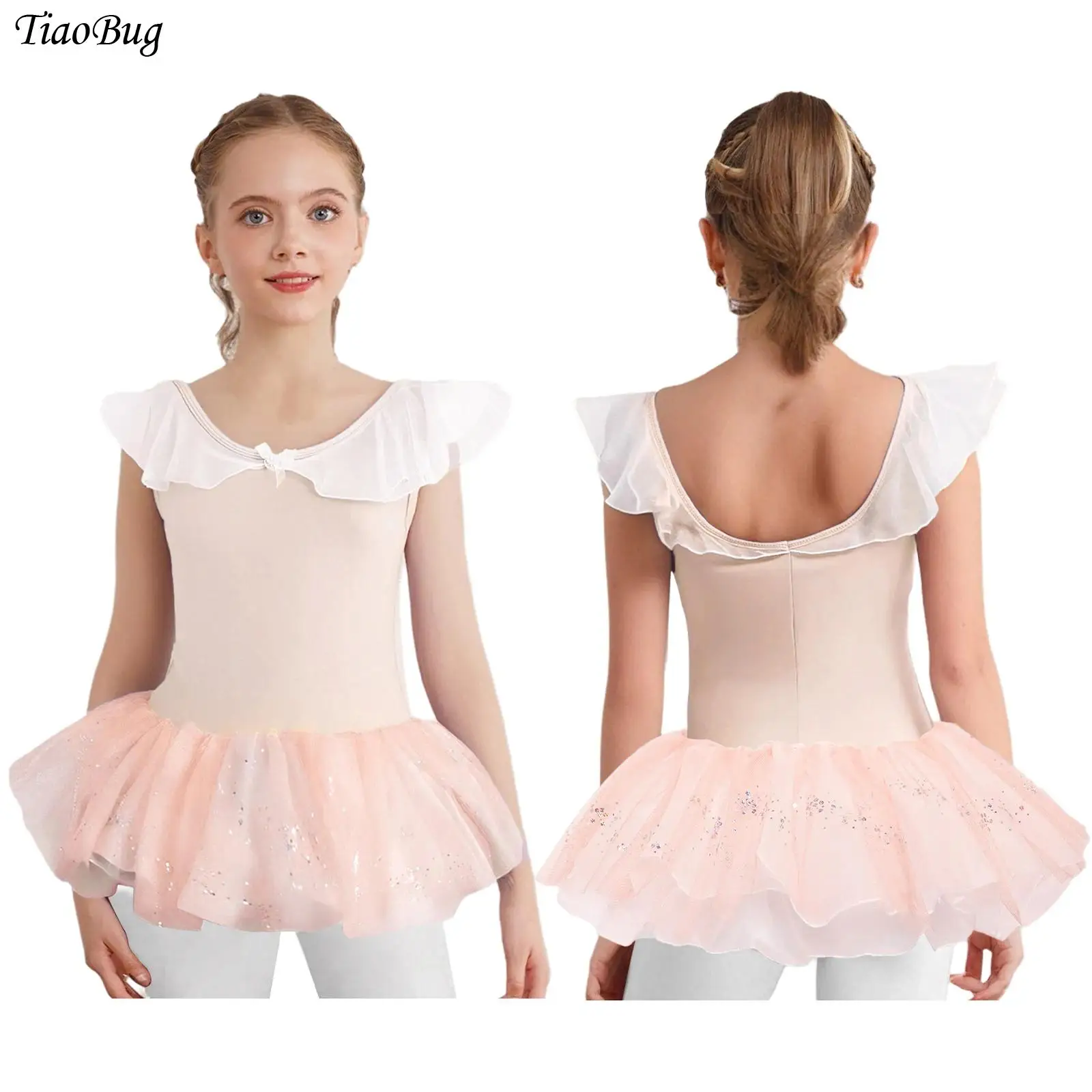

2Pcs Kids Girls Ballet Gymnastics Dance Costume Comfortable Ruffled Collar Sleeveless Leotard+Shiny Sequins Tulle Tutu Skirts